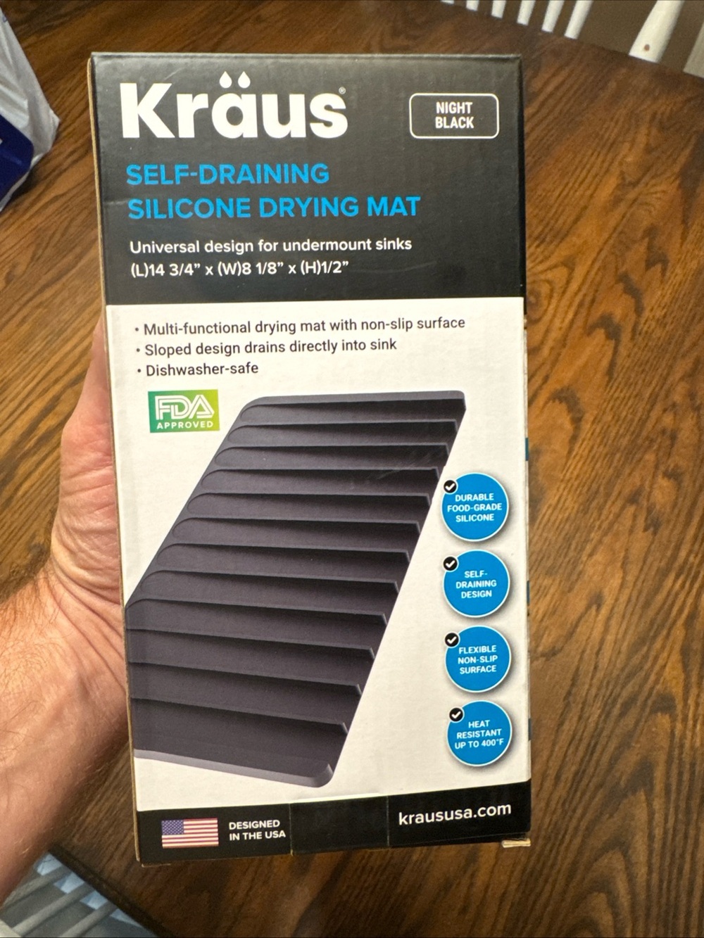 Kraus Self-Draining Silicone Drying Mat Night Black 14-3/4”x8-1/8”x1/2” KDM-10NB
